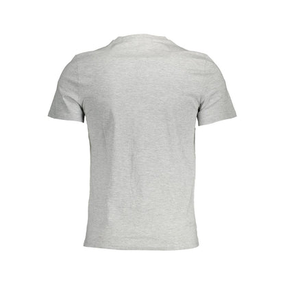 Back view of a grey crew neck t-shirt on a white background.