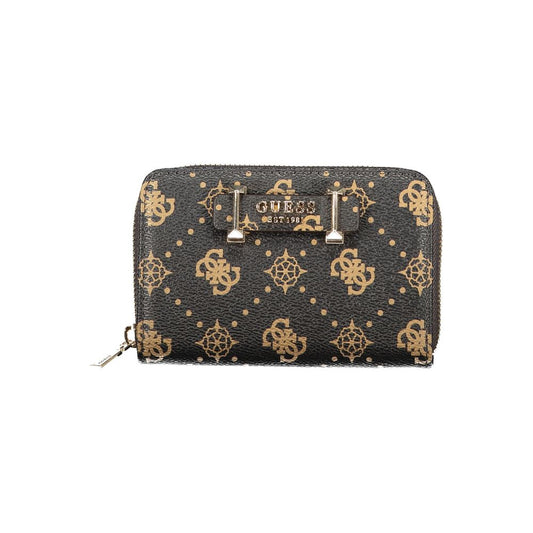 Guess Jeans Brown Polyethylene Wallet with contrasting details, zip closure, and logo. Features coin purse and double card spaces.