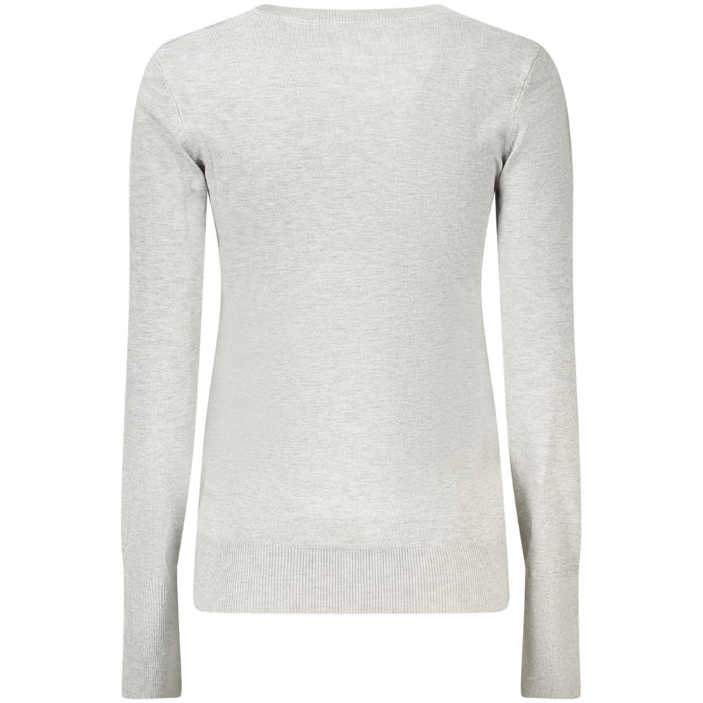 Back view of Guess Jeans Gray Viscose Women Sweater with long sleeves and crew neck, adorned with sparkling rhinestones.
