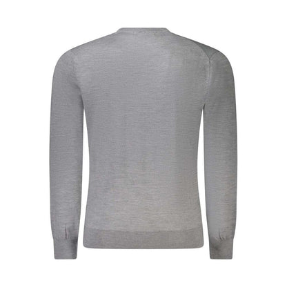 Back view of Guess Jeans Gray Wool Sweater, long-sleeved, crew neck, featuring the logo.