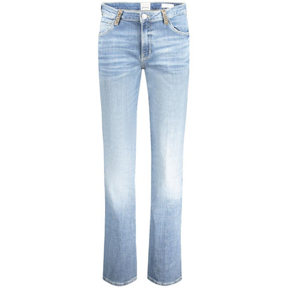 Guess Jeans Light Blue Cotton Women Jeans with rhinestone details, mid-rise straight cut, crafted from recycled stretch cotton blend.
