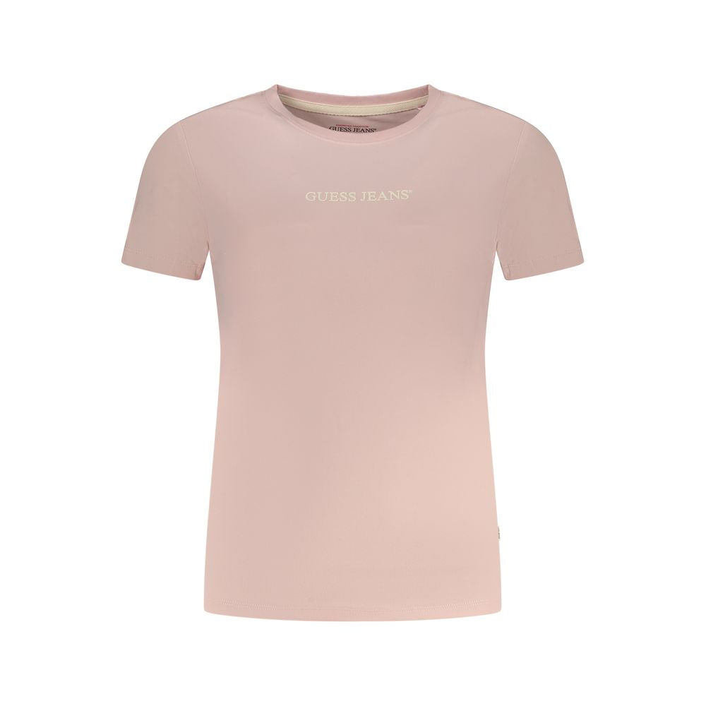 Guess Jeans Pink Cotton T-Shirt with short sleeves, crew neck, and logo print made from organic cotton.