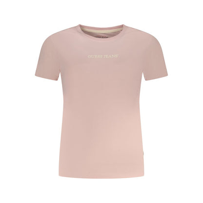 Guess Jeans Pink Cotton T-Shirt with short sleeves and crew neck, featuring a logo print on organic cotton.
