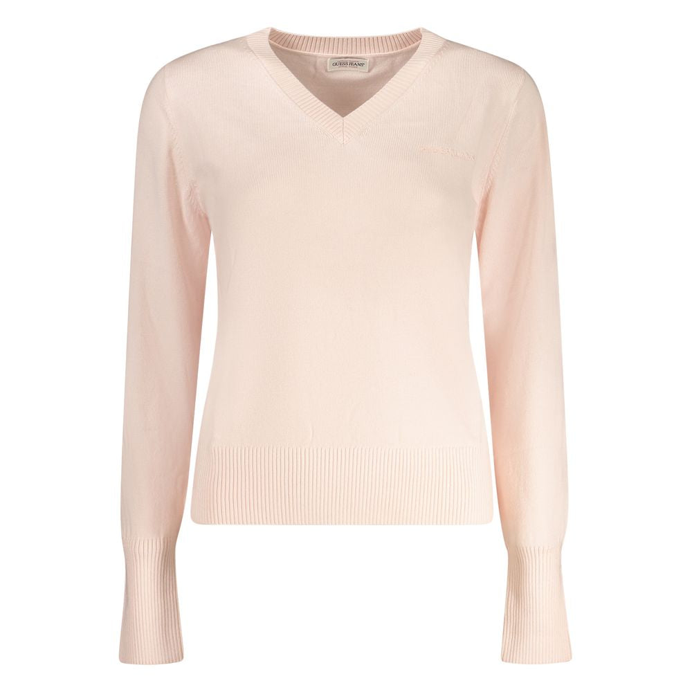 Guess Jeans Pink Polyester Women Sweater with V-neck and long sleeves, featuring logo embroidery, offering chic comfort and silky warmth.