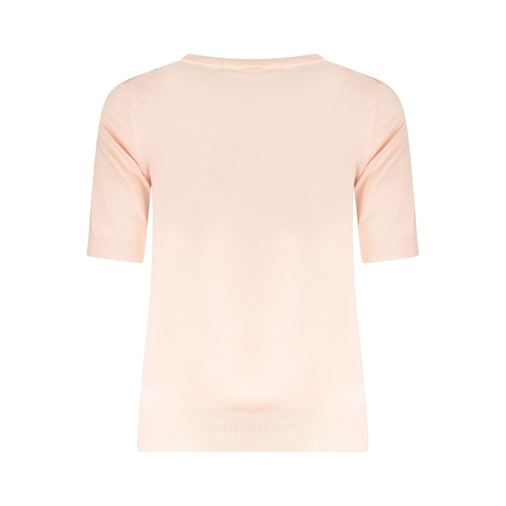 Back view of Guess Jeans Pink Viscose Sweater with short sleeves, crew neck, and contrasting details.