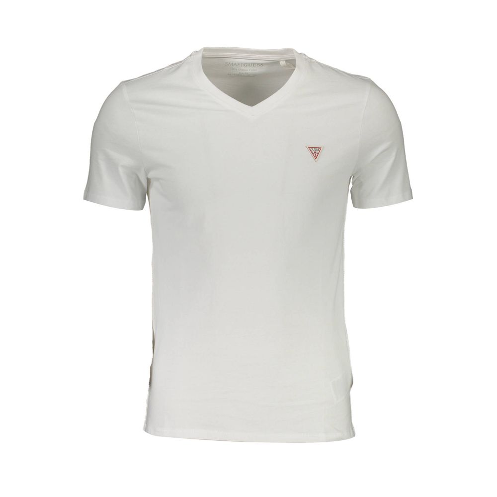 Guess Jeans White Organic Cotton Men T-Shirt with V-neck and logo applique, showcasing sustainable fashion and casual elegance for trendsetters.