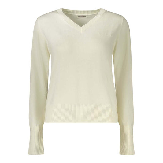 Guess Jeans White Wool Sweater, long-sleeved V-neck with embroidery and logo detailing.