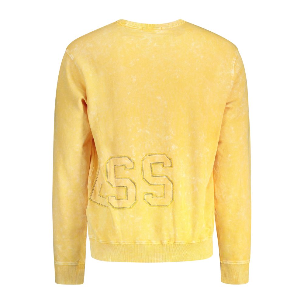 Guess Jeans Yellow Cotton Men Sweater with iconic logo, back view showing washed effect and embroidery.