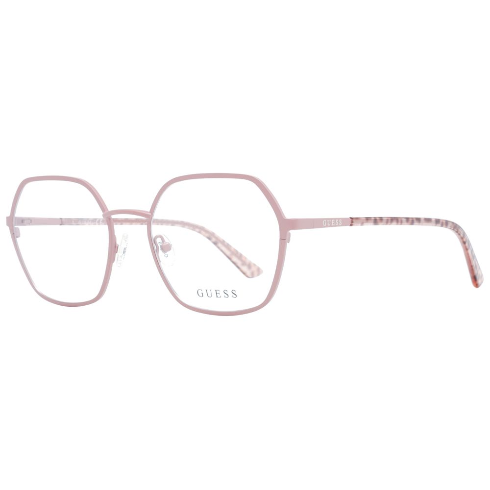 Guess Pink Women Glasses Frame, rose metal round full-rim with demo lenses, includes branded case, temples length 140mm.