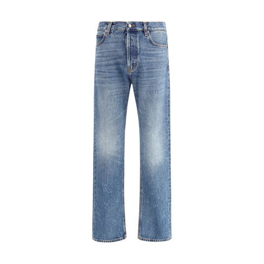 Haikure Blue Cotton Straight-Leg Jeans with five-pocket design, regular fit, leather patch, AW25 collection.