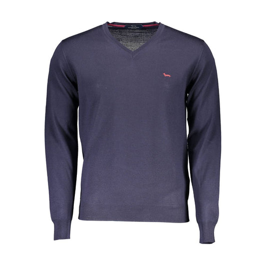 Harmont & Blaine Blue Wool Men Sweater with V-neck and long sleeves, featuring the iconic logo, Italian craftsmanship, and luxurious comfort.
