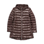 Herno Coats Brown chocolate down jacket with high-shine finish, two-way zip, drawstring hood, and side pockets.