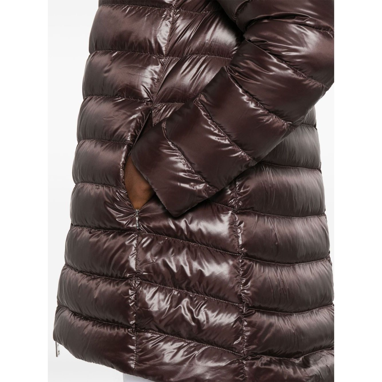 Herno Coats Brown featuring chocolate brown high-shine finish, two-way zip, drawstring hood, and side zip-fastening pockets.