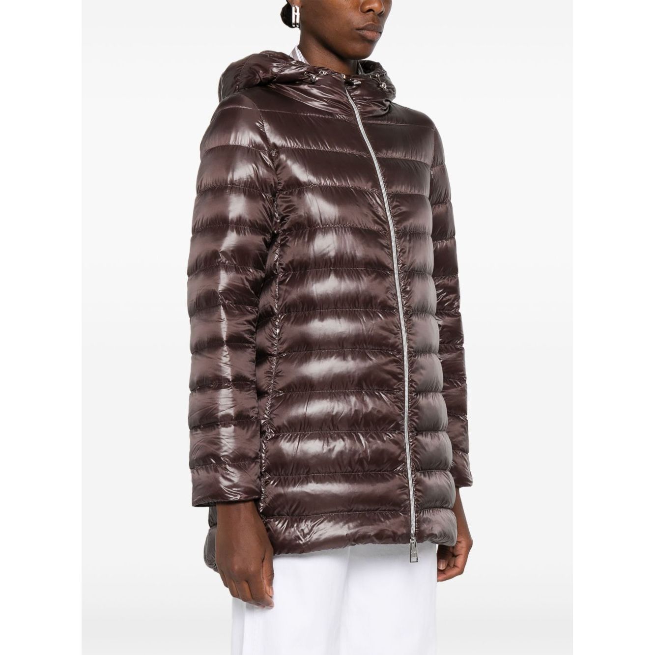 Herno Coats Brown - Chocolate brown midi down jacket with high-shine finish, two-way zip, drawstring hood, and zip-fastening pockets.