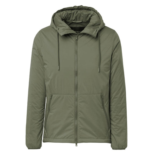 Herno Green Polyamide Jacket with hood, front zips, internal zip pockets, elasticated cuffs, and drawstring waist.
