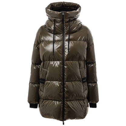 Herno Green Polyamide Parka with hood, zipper closure, and side pockets. Warm, padded, dark green down jacket.