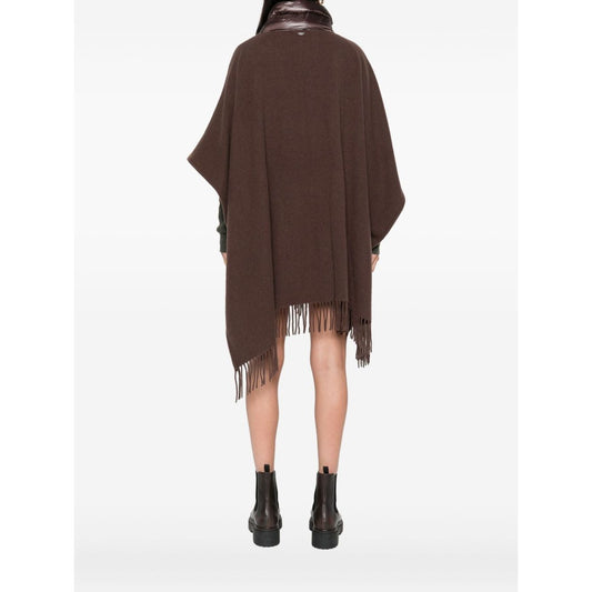 Back view of Herno Jackets Brown featuring quilted pockets, drawstring detail, high neck, and fringe trim wool poncho, length 105 cm.