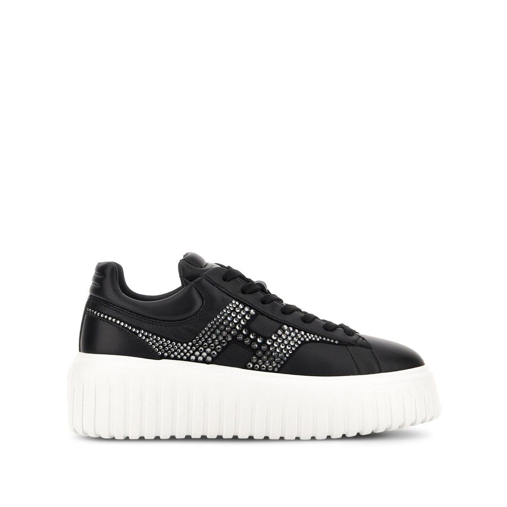 Hogan Pre Hogan H-Stripes black leather sneakers with lace-up fastening, round toe, flatform sole, and rubber outsole.