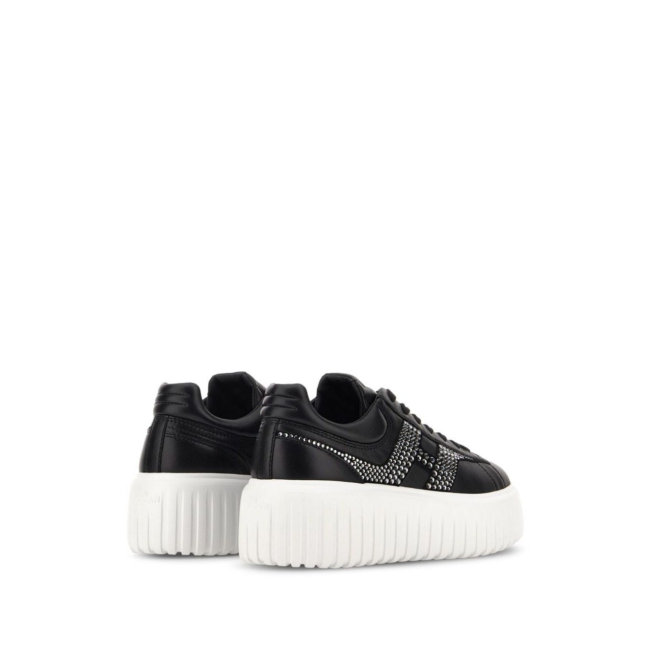 Hogan Pre Hogan H-Stripes black leather sneakers with lace-up fastening, round toe, flatform sole, and rubber outsole.