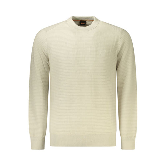 Hugo Boss Beige Cotton Men Sweater showcasing luxury and comfort with a subtle logo on crew neck, perfect for modern style enthusiasts.