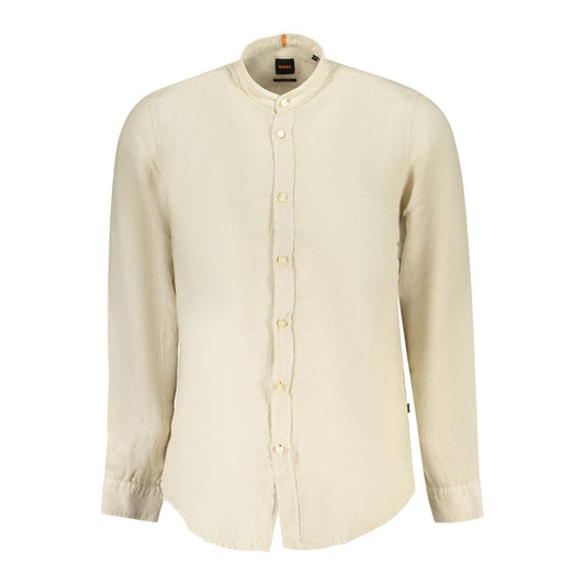 Hugo Boss Beige Linen Men Shirt with mandarin collar, long sleeves, and 1-button cuffs, ideal for sophisticated modern style.