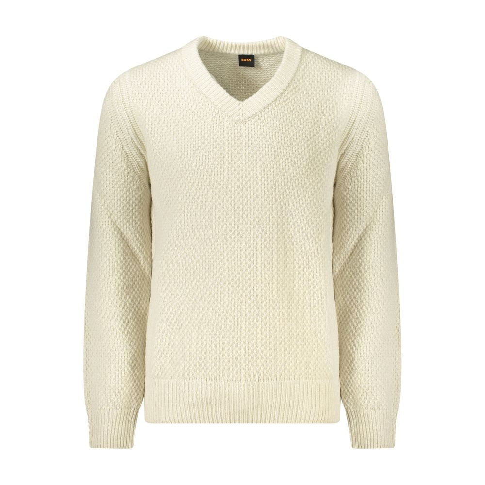 Hugo Boss Beige Wool Men Sweater with V-neck and contrasting details, perfect for a stylish, confident look.