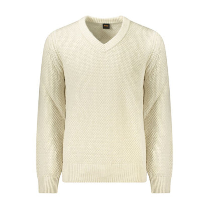 Hugo Boss Beige Wool Men Sweater with V-neck and contrasting details, perfect for a stylish, confident look.