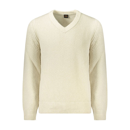 Hugo Boss Beige Wool Men Sweater with V-neck and contrasting details, perfect for a stylish, confident look.
