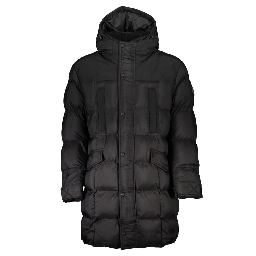 Hugo Boss Black Polyamide Men Jacket with hood, long sleeves, and multiple pockets for secure essentials, featuring the iconic logo.