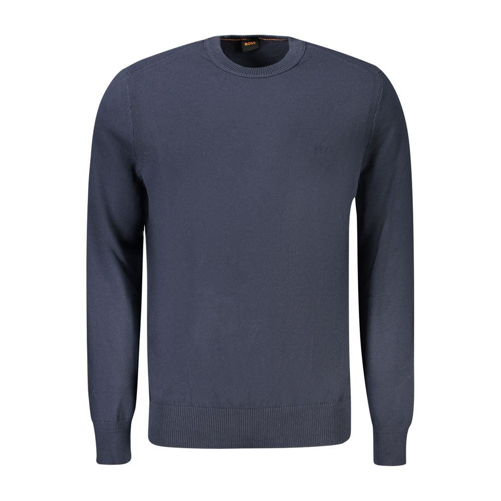 Hugo Boss Blue Cotton Sweater with long sleeves, crew neck, and embroidered logo
