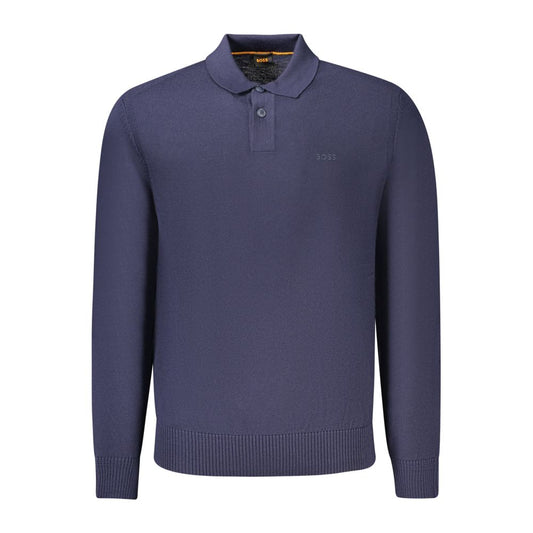 Hugo Boss Blue Wool Mens Sweater with long sleeves, featuring embroidery and logo for luxury and comfort.