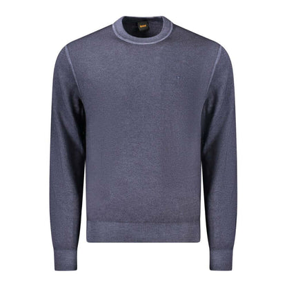 Hugo Boss Blue Wool Sweater with crew neck and logo embroidery, long-sleeved T-shirt design for a stylish look.