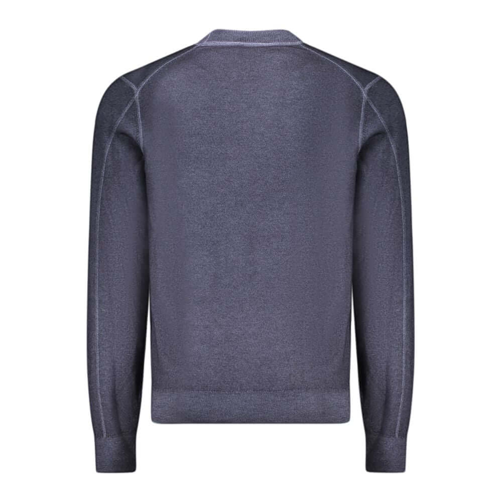 Hugo Boss Blue Wool Sweater, long-sleeved, crew neck with embroidery and logo design, back view of the stylish knitwear.