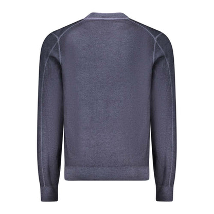 Hugo Boss Blue Wool Sweater, long-sleeved, crew neck with embroidery and logo design, back view of the stylish knitwear.
