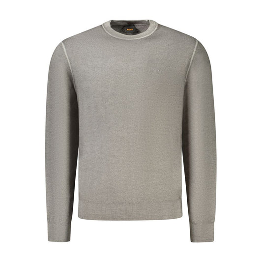 Hugo Boss Gray Wool Mens Sweater, crew neck with embroidery, perfect for sophisticated, luxurious style and warmth.