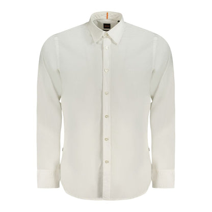 Hugo Boss White Cotton Men Shirt with Italian collar and logo embroidery, showcasing elegant craftsmanship and modern silhouette.