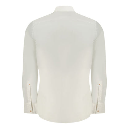 Back view of Hugo Boss White Cotton Men Shirt with Italian collar and 1-button cuffs, showcasing modern elegance and subtle logo embroidery.