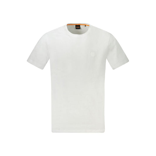 Hugo Boss White Cotton Men T-Shirt with crew neck and logo embroidery, premium short-sleeve design for modern sophistication.