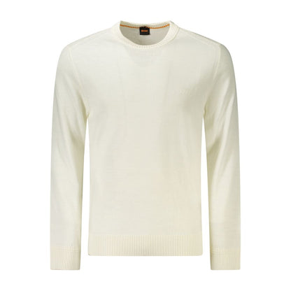 Hugo Boss White Wool Men Sweater with crew neck and embroidered logo, crafted from wool-polyacrylic blend for stylish comfort.