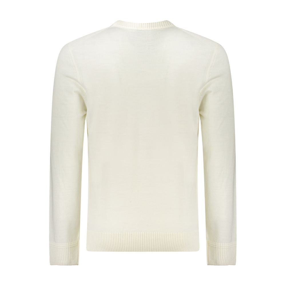 Back view of Hugo Boss White Wool Men Sweater, long sleeves, crew neck, luxury knitwear, sophisticated embroidery, timeless design.
