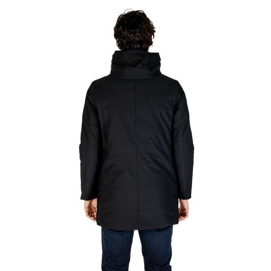 Back view of model wearing Hydra Clothing Black Nylon Jackets & Coat, men's fall winter collection, nylon polyester blend.