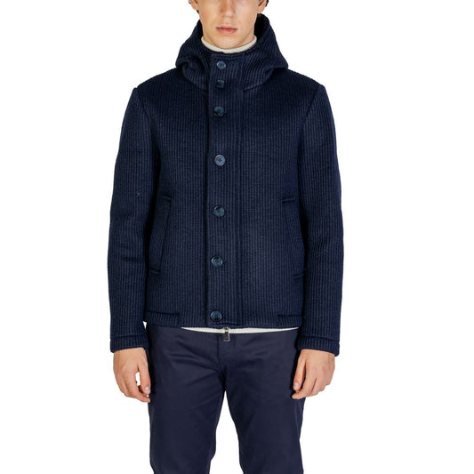 Man wearing Hydra Clothing Blue Polyester Jackets & Coat from Fall/Winter collection, made with 75% polyester and 25% wool.