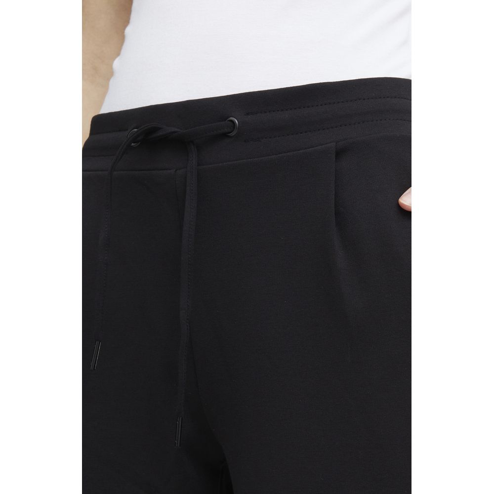 Close-up of ICHI Black Polyester Pant showing elastic waistband with drawstring for women.