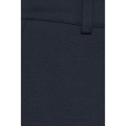 Close-up of ICHI Blue Recycled Polyester Dress Pants fabric texture highlighting quality and color.