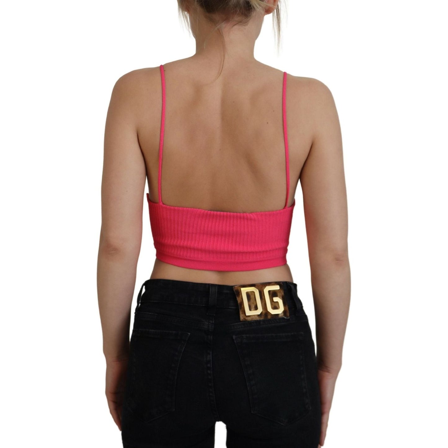 Dsquared² Pink Ribbed Knit Bra Cropped Spaghetti Strap Top pink-ribbed-knit-bra-cropped-spaghetti-strap-top