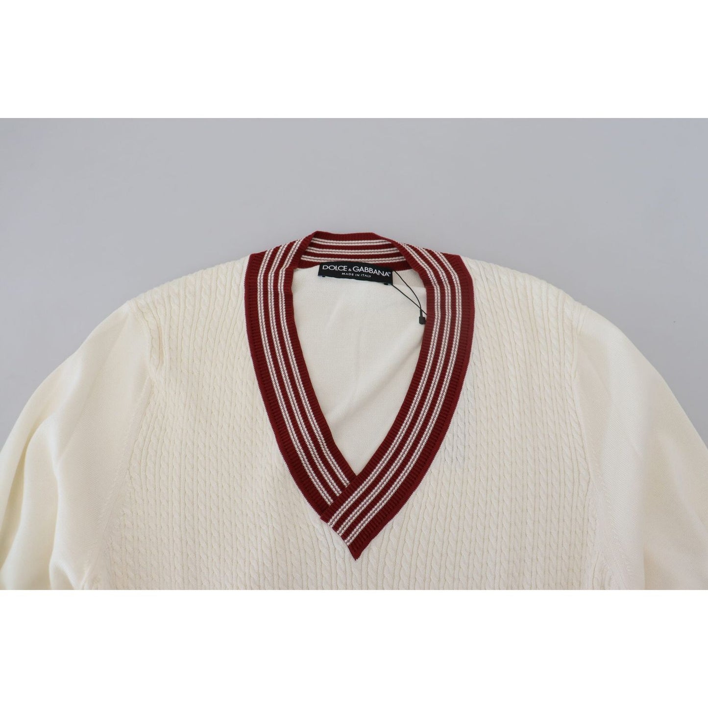 Dolce & Gabbana Off White Silk Cotton V-Neck Sweater white-red-knitted-v-neck-pullover-sweater