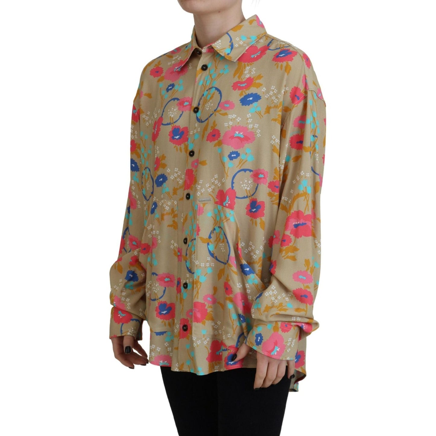 Dsquared² Beige Floral Collared Button Down Long Sleeves Shirt beige-floral-collared-button-down-long-sleeves-shirt