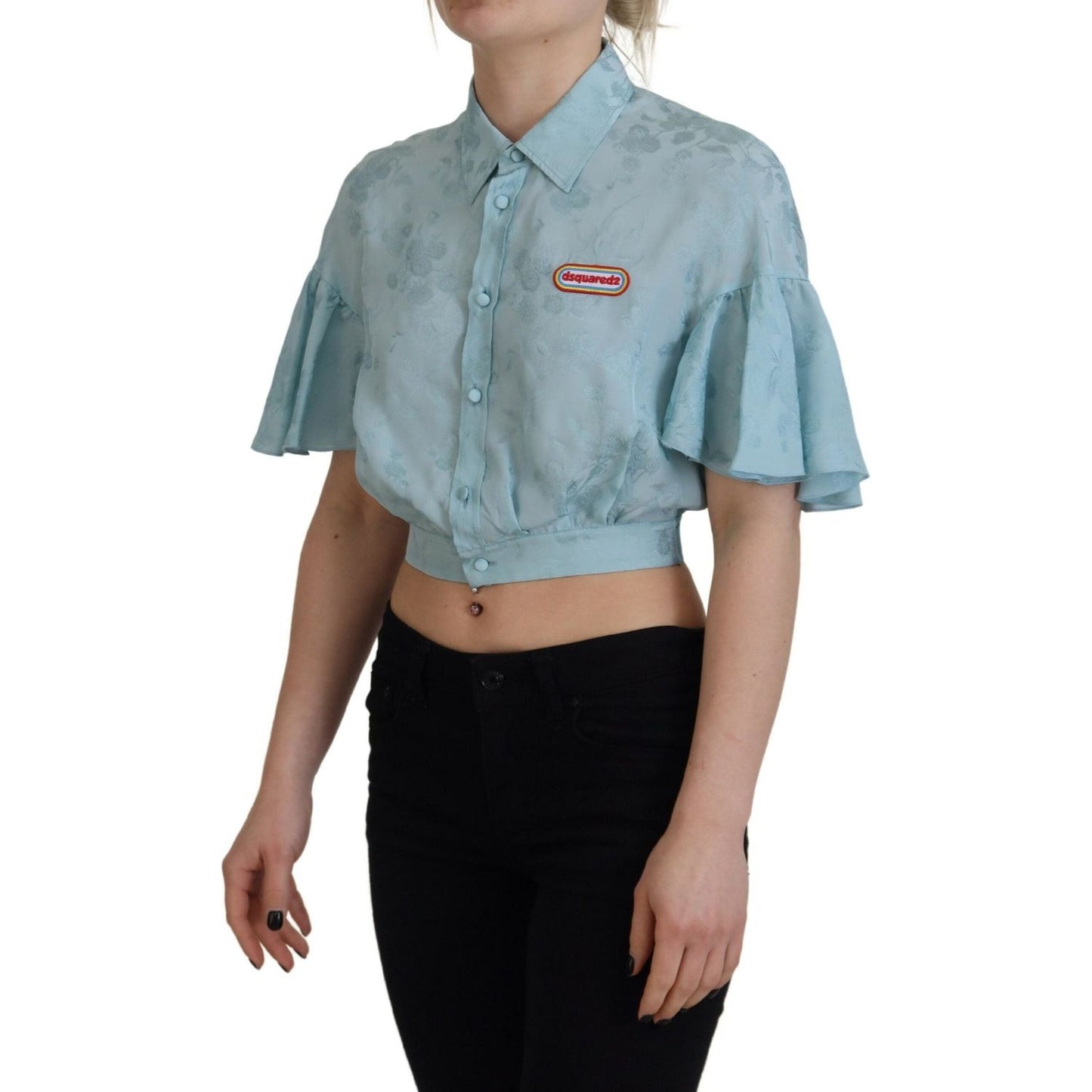 Dsquared² Blue Collared Button Down Short Sleeve Cropped Top blue-collared-button-down-short-sleeve-cropped-top
