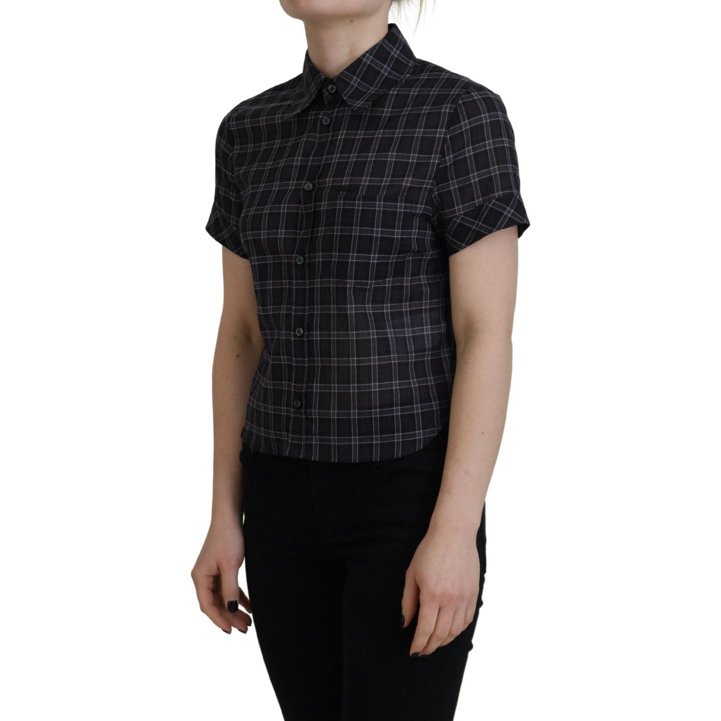 Dsquared² Black Checkered Collared Button Short Sleeves Top black-checkered-collared-button-short-sleeves-top