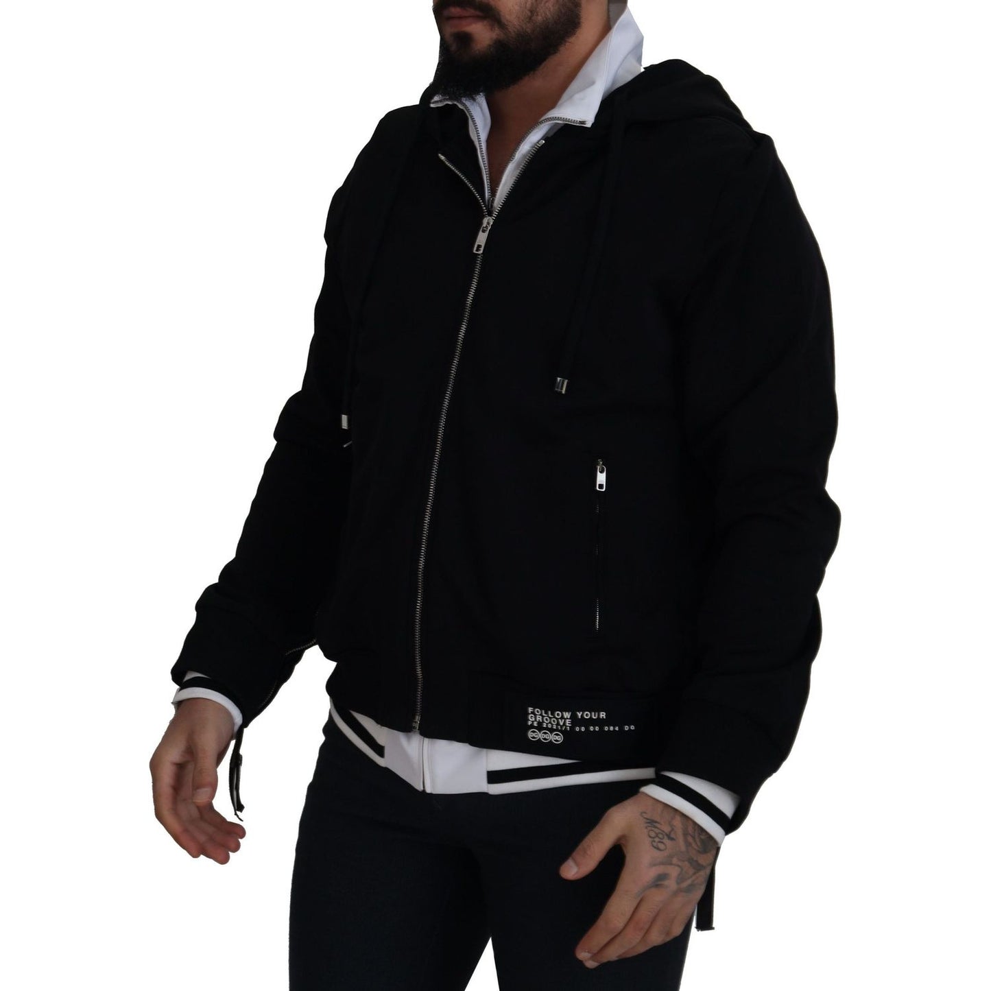 Dolce & Gabbana Elegant Black Bomber Jacket with Hood black-polyester-hooded-full-zip-jacket